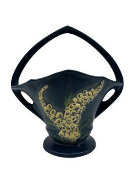 Vintage Oroville 375-12 Ceramic Art Pottery Basket Vase Mid Century Blue Green